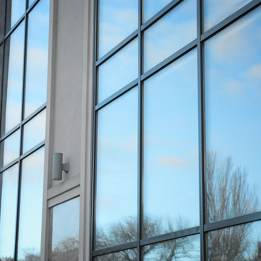 New modern building with tinted windows.